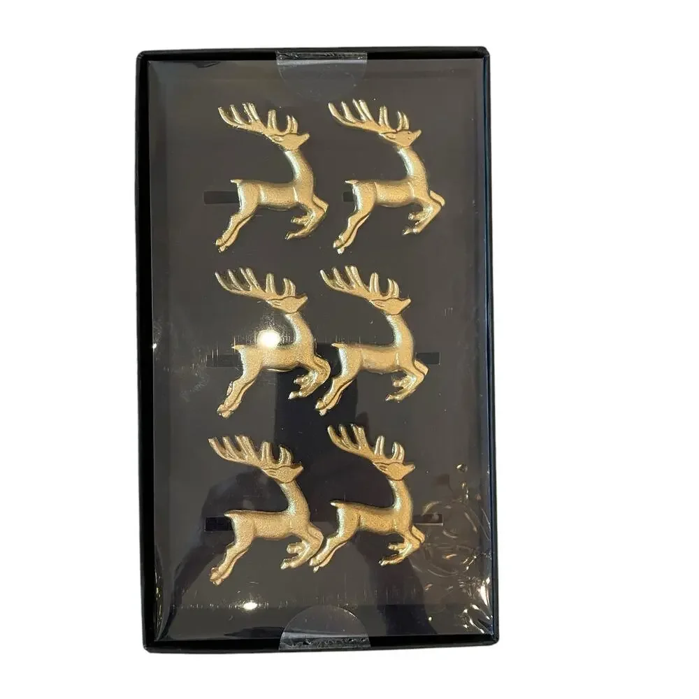6pc Tahari Christmas Reindeer Napkin Rings Gold Holiday Glam New